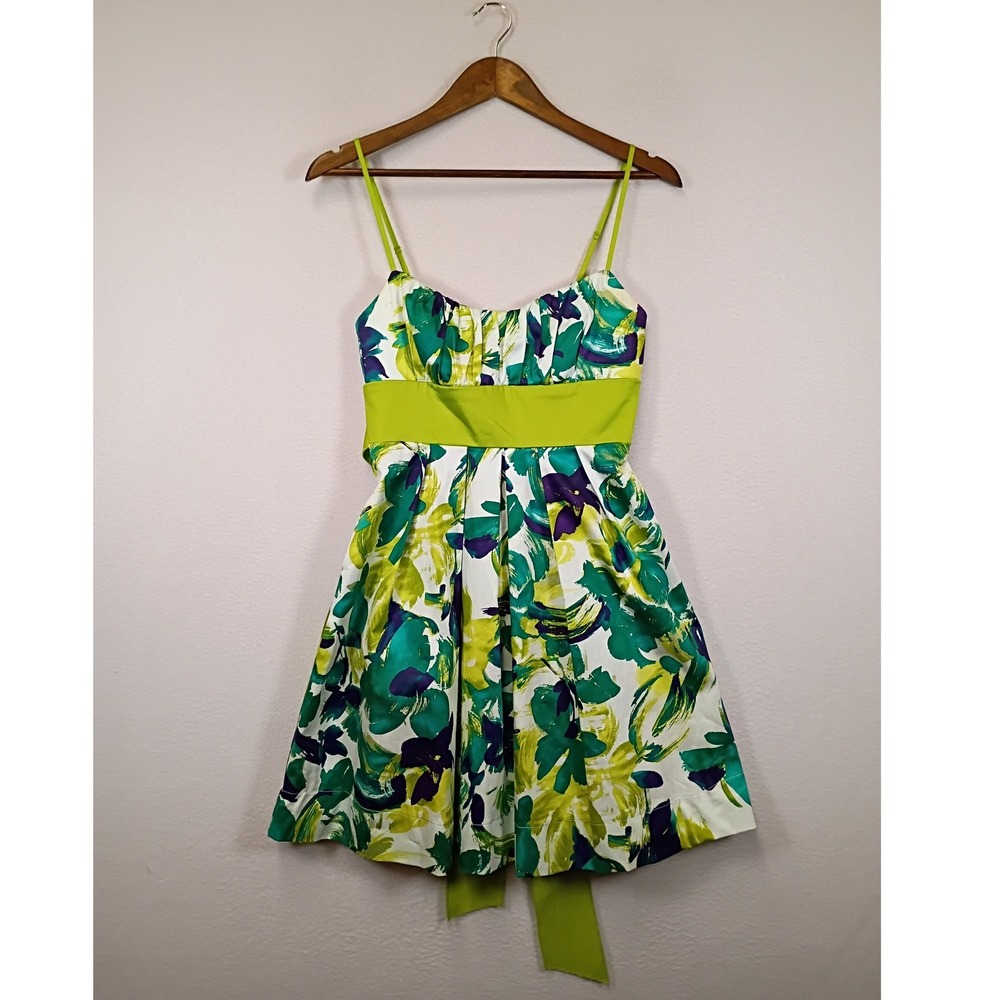 Floral Y2K Trixxi Juniors 5 Green White Purple Fit Flare Sash Mini Dress